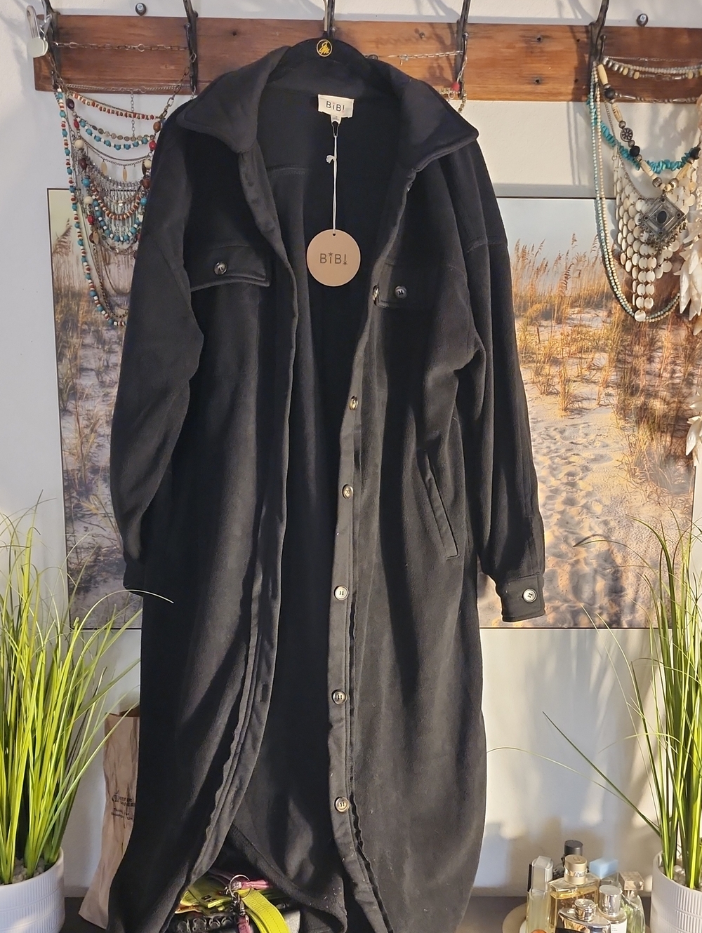 BiBi Black Longline Button-Front Duster